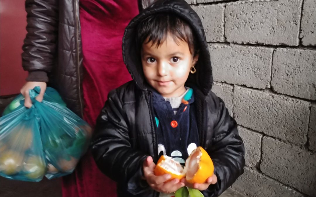 Im Vordergrund steht ein Junge mit einer schwarzen Kaputzenjacke und hält eine Orange. Im Hintergrund hat ein Erwachsener einen Beutel mit Obst in der Hand